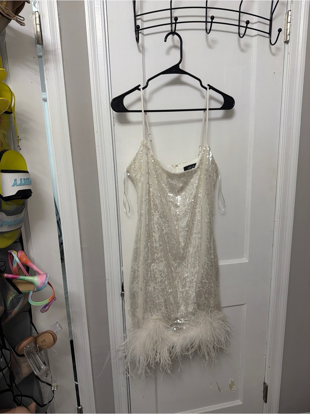 AKIRA White Sequin Mini Dress with Feather Hem Bachelorette Size XL